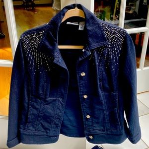 Chicos denim pants, suit with studs on front top of jacket, jeweled buttons
